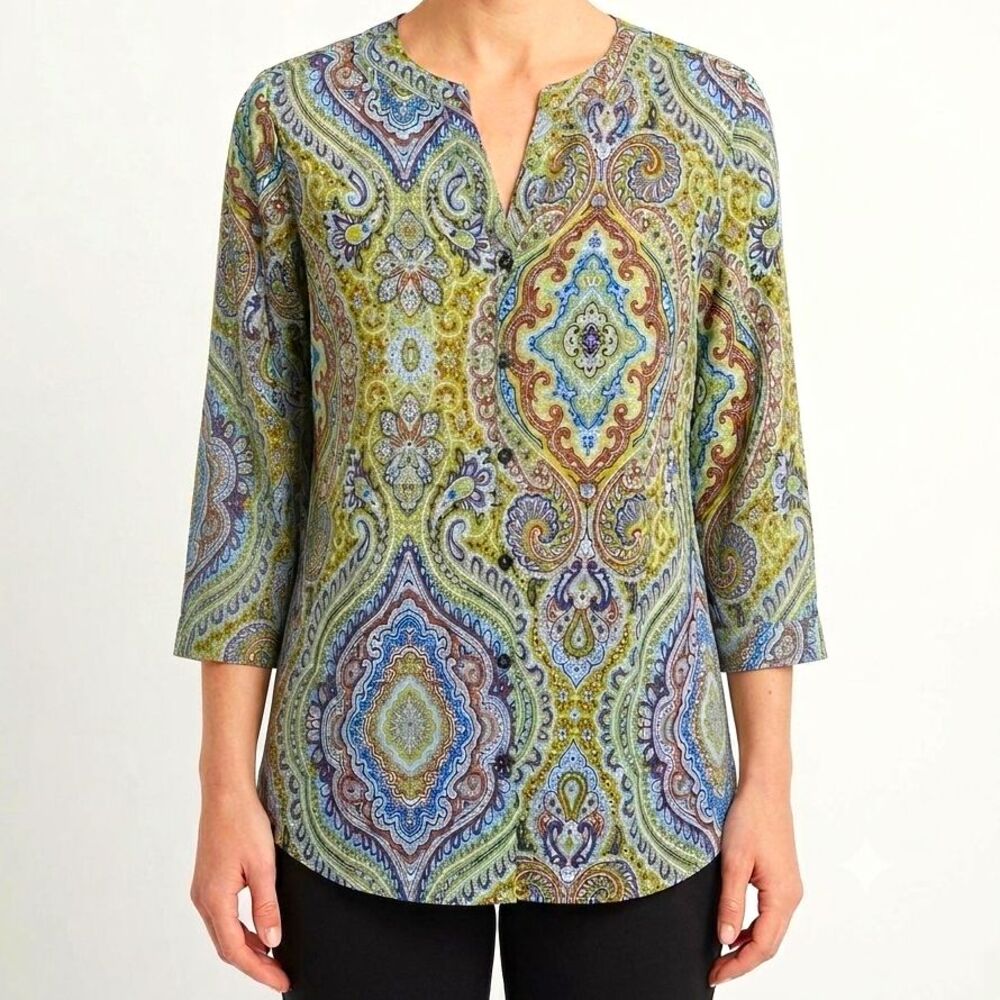 Cathy Che Womens Top  12 Green Paisley Button Up Split Neck 3/4 Slv Boho Hippie